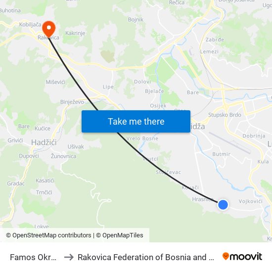 Famos Okretnica to Rakovica Federation of Bosnia and Herzegovina map