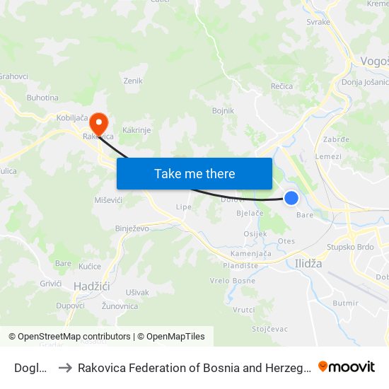 Doglodi to Rakovica Federation of Bosnia and Herzegovina map