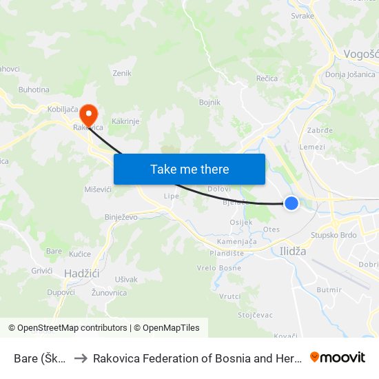 Bare (Škola) to Rakovica Federation of Bosnia and Herzegovina map