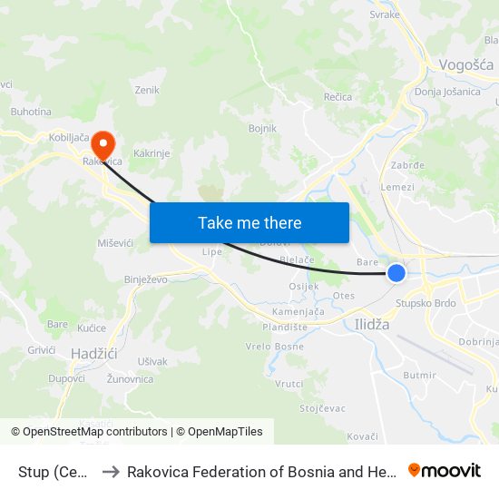 Stup (Centar) to Rakovica Federation of Bosnia and Herzegovina map