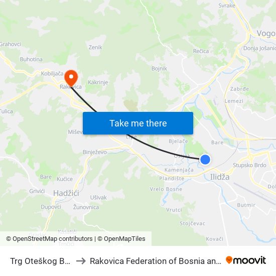Trg Oteškog Bataljona to Rakovica Federation of Bosnia and Herzegovina map