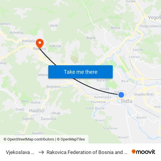 Vjekoslava Klaića to Rakovica Federation of Bosnia and Herzegovina map
