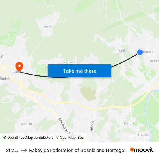 Strana to Rakovica Federation of Bosnia and Herzegovina map