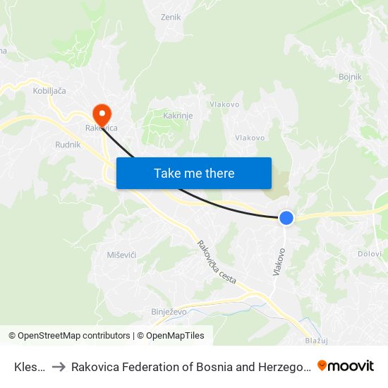 Klesar to Rakovica Federation of Bosnia and Herzegovina map