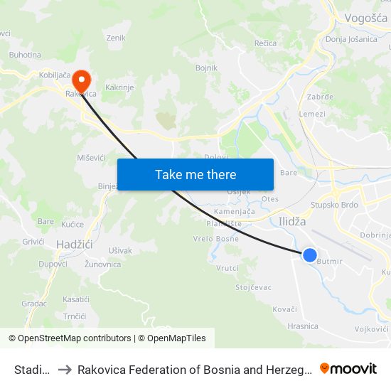 Stadion to Rakovica Federation of Bosnia and Herzegovina map