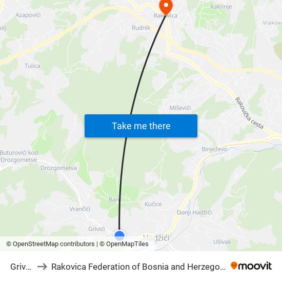 Grivići to Rakovica Federation of Bosnia and Herzegovina map