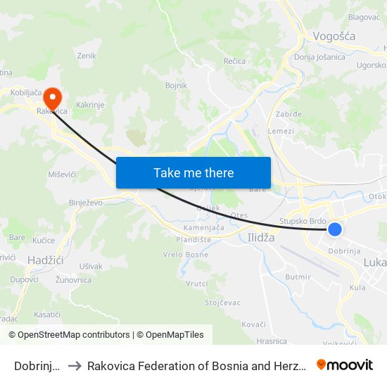 Dobrinja V to Rakovica Federation of Bosnia and Herzegovina map