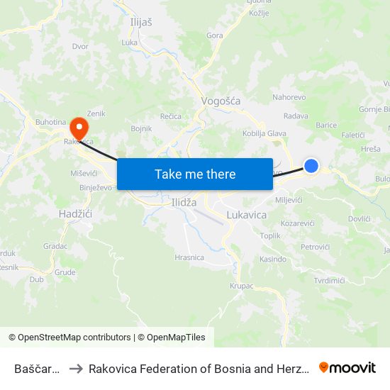 Baščaršija to Rakovica Federation of Bosnia and Herzegovina map