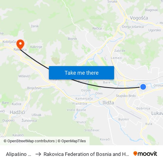 Alipašino Polje to Rakovica Federation of Bosnia and Herzegovina map