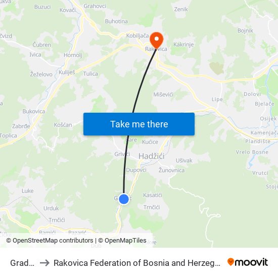 Gradac to Rakovica Federation of Bosnia and Herzegovina map