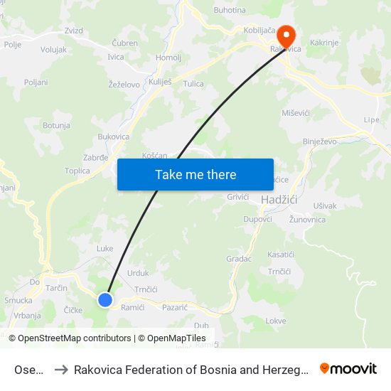Osenik to Rakovica Federation of Bosnia and Herzegovina map