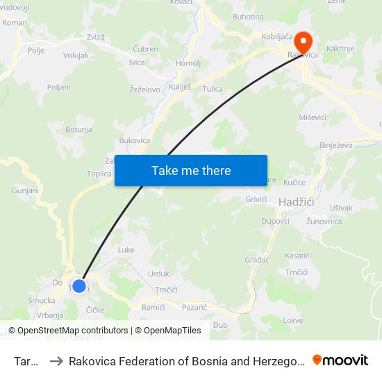 Tarčin to Rakovica Federation of Bosnia and Herzegovina map