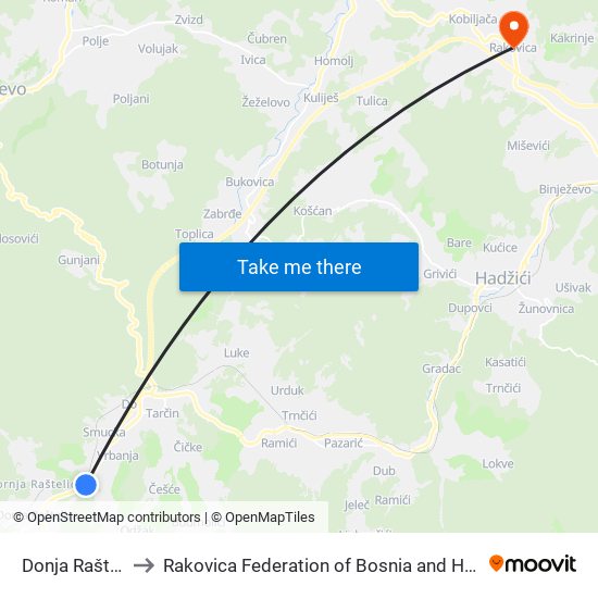 Donja Raštelica to Rakovica Federation of Bosnia and Herzegovina map