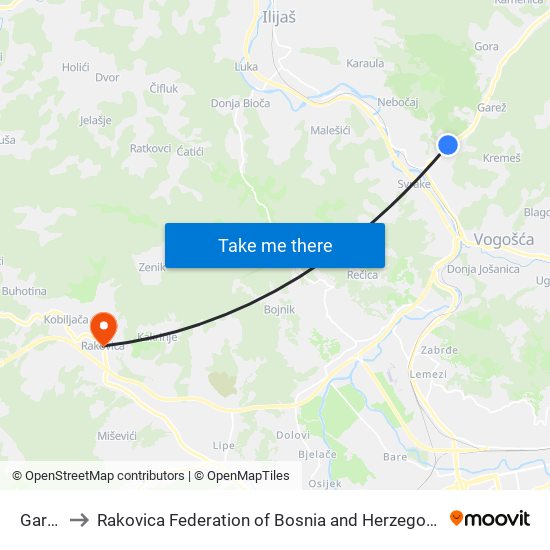 Garež to Rakovica Federation of Bosnia and Herzegovina map