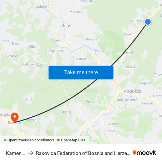 Kamenica to Rakovica Federation of Bosnia and Herzegovina map