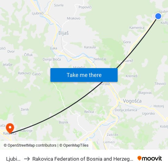 Ljubina to Rakovica Federation of Bosnia and Herzegovina map