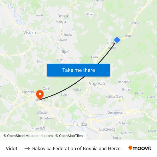 Vidotina to Rakovica Federation of Bosnia and Herzegovina map