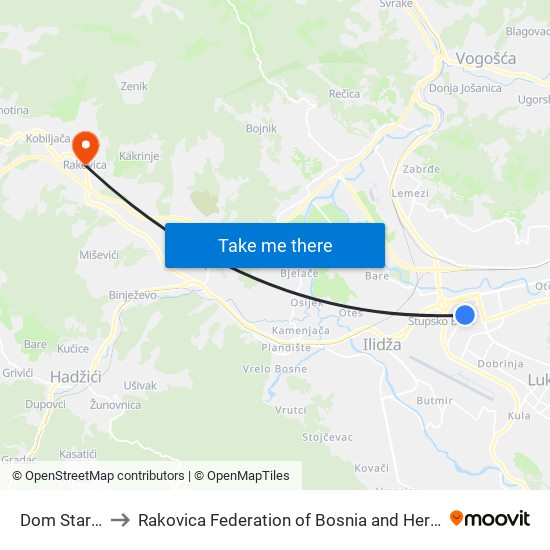 Dom Staraca to Rakovica Federation of Bosnia and Herzegovina map