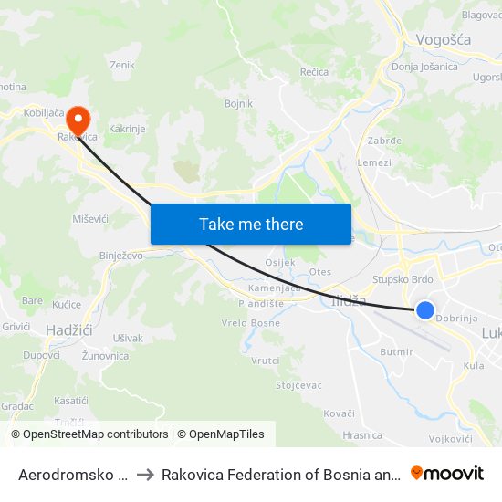 Aerodromsko Naselje to Rakovica Federation of Bosnia and Herzegovina map
