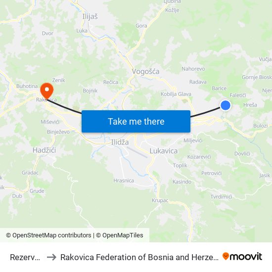 Rezervoar to Rakovica Federation of Bosnia and Herzegovina map
