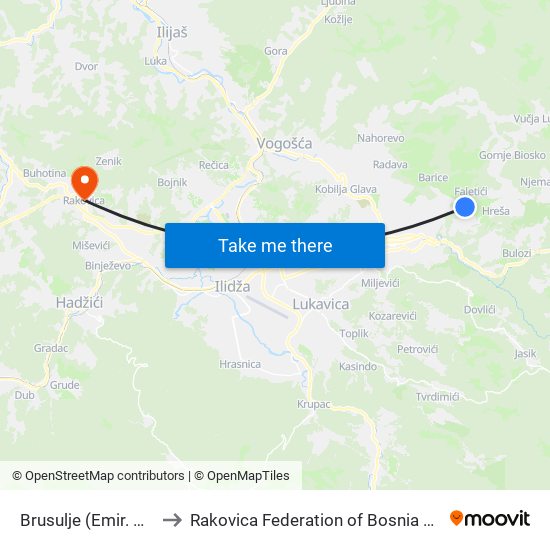 Brusulje (Emir. Okretnica) to Rakovica Federation of Bosnia and Herzegovina map