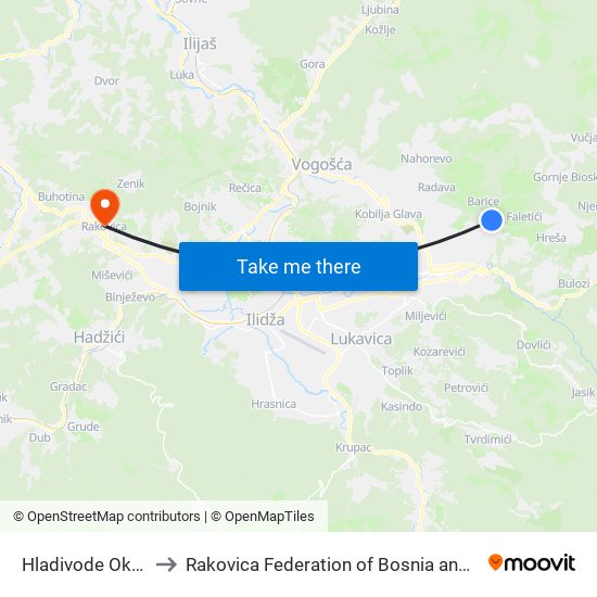 Hladivode Okretnica to Rakovica Federation of Bosnia and Herzegovina map