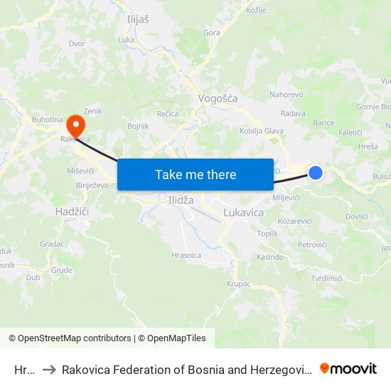 Hrid to Rakovica Federation of Bosnia and Herzegovina map