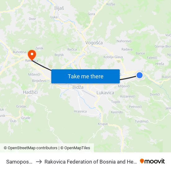 Samoposluga to Rakovica Federation of Bosnia and Herzegovina map