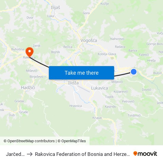 Jarčedoli to Rakovica Federation of Bosnia and Herzegovina map
