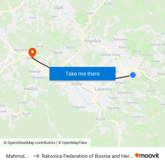 Mahmutovac to Rakovica Federation of Bosnia and Herzegovina map