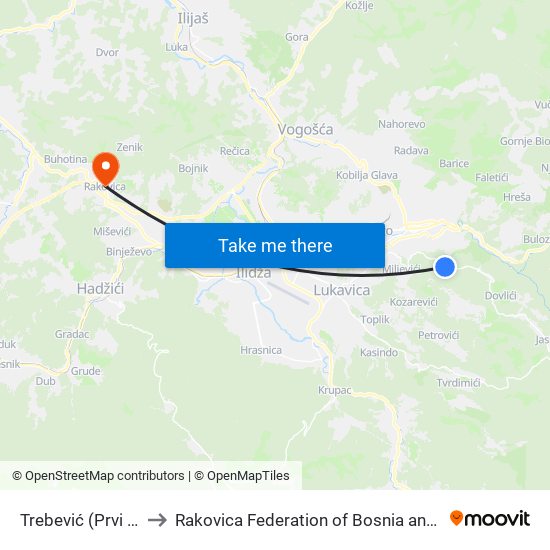 Trebević (Prvi Šumar) to Rakovica Federation of Bosnia and Herzegovina map