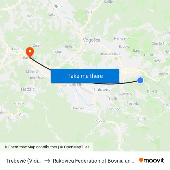 Trebević (Vidikovac) to Rakovica Federation of Bosnia and Herzegovina map