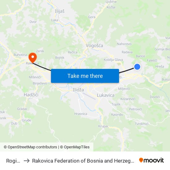 Rogina to Rakovica Federation of Bosnia and Herzegovina map