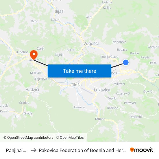 Panjina Kula to Rakovica Federation of Bosnia and Herzegovina map