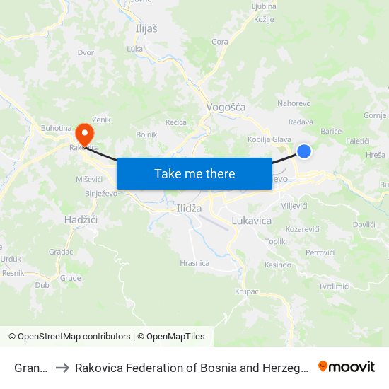 Granap to Rakovica Federation of Bosnia and Herzegovina map