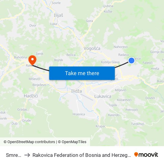 Smreke to Rakovica Federation of Bosnia and Herzegovina map