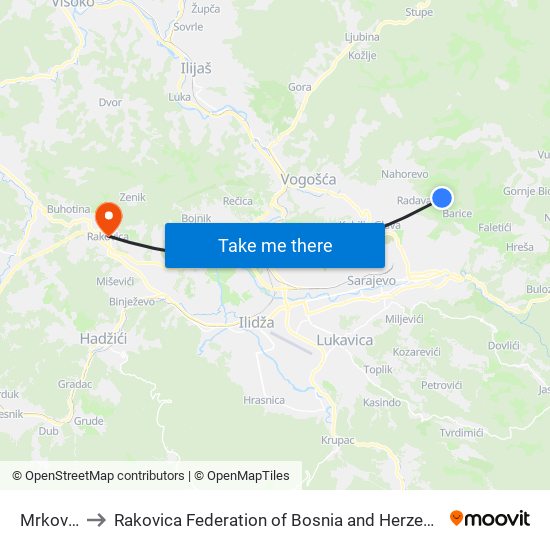 Mrkovići to Rakovica Federation of Bosnia and Herzegovina map