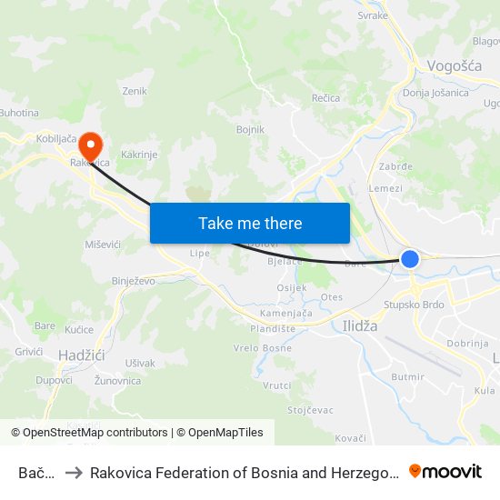 Bačići to Rakovica Federation of Bosnia and Herzegovina map