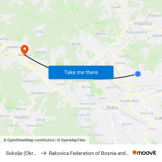 Sokolje (Okretnica) to Rakovica Federation of Bosnia and Herzegovina map