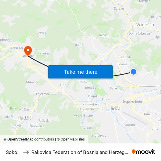 Sokolje to Rakovica Federation of Bosnia and Herzegovina map