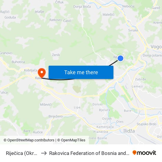 Riječica (Okretnica) to Rakovica Federation of Bosnia and Herzegovina map