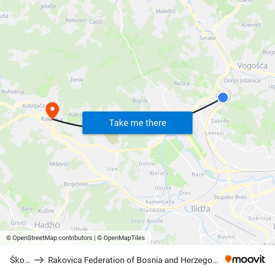 Škola to Rakovica Federation of Bosnia and Herzegovina map