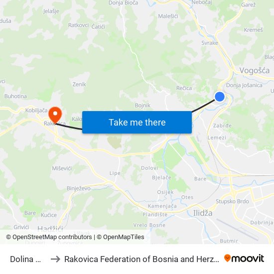 Dolina Mira to Rakovica Federation of Bosnia and Herzegovina map
