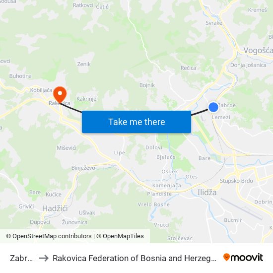 Zabrđe to Rakovica Federation of Bosnia and Herzegovina map