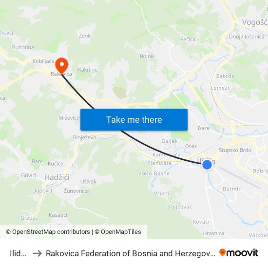 Ilidža to Rakovica Federation of Bosnia and Herzegovina map