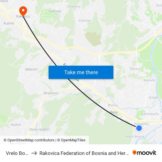 Vrelo Bosne to Rakovica Federation of Bosnia and Herzegovina map