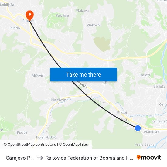 Sarajevo Putevi to Rakovica Federation of Bosnia and Herzegovina map