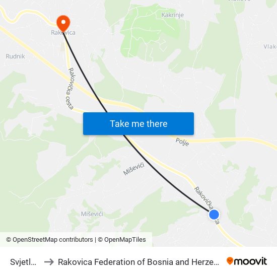 Svjetlost to Rakovica Federation of Bosnia and Herzegovina map