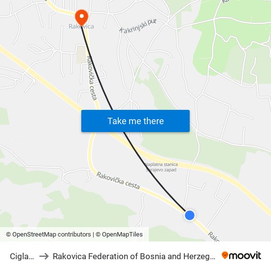 Ciglane to Rakovica Federation of Bosnia and Herzegovina map