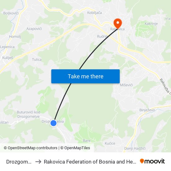 Drozgometva to Rakovica Federation of Bosnia and Herzegovina map